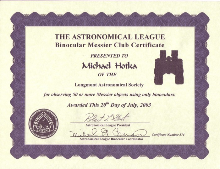 Picture of Binocular Messier Certificate