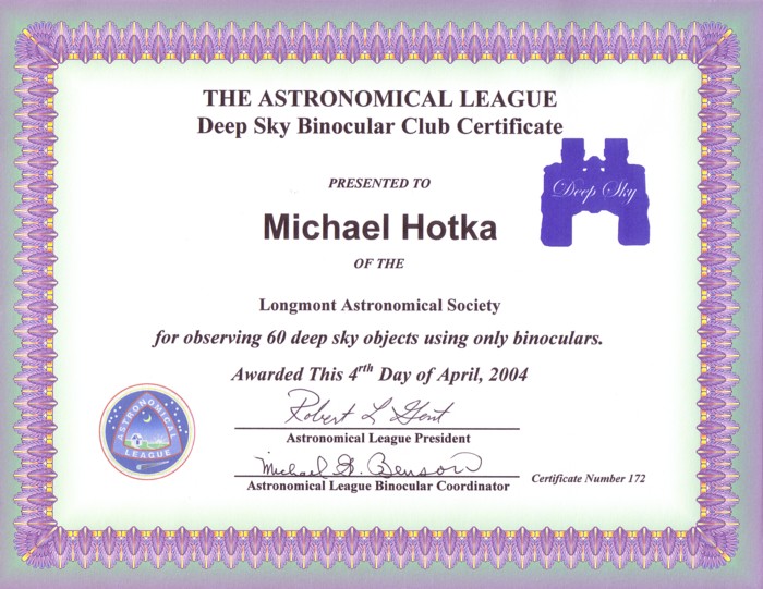 Picture of Deep Sky Binocular Certificate