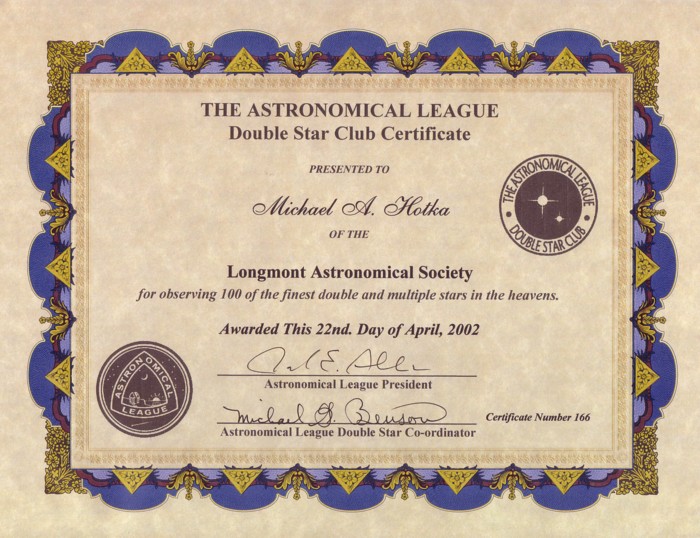 Picture of Double Star Certificate