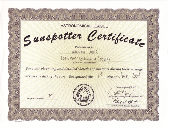 Picture of Sun Spotter Certificate