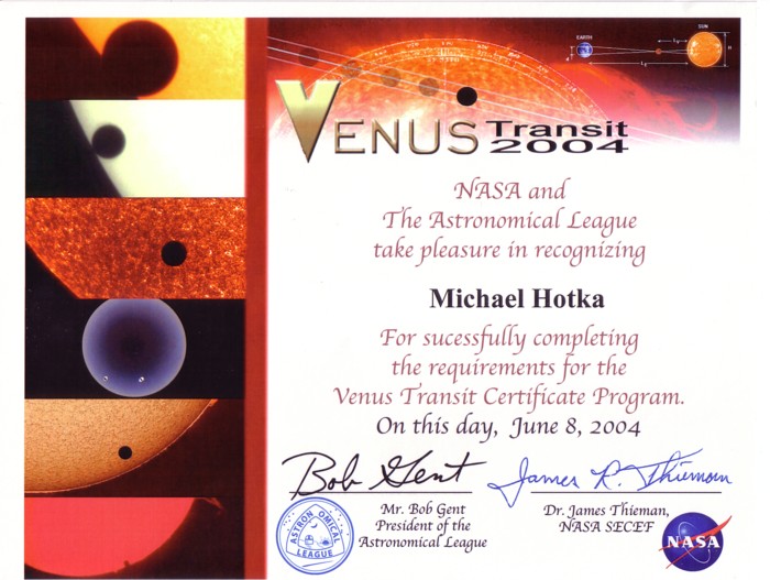 Picture of Venus Transit Certificate